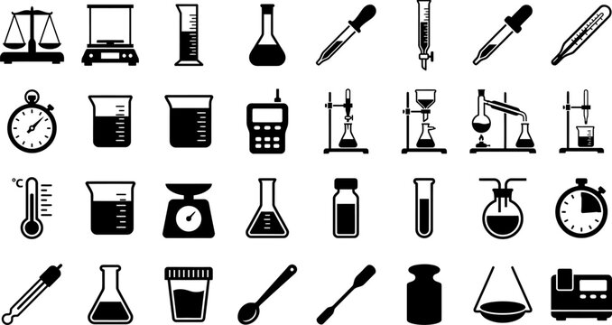 Laboratory glassware and science measuring tools icon set with flasks, beakers, scales, thermometer