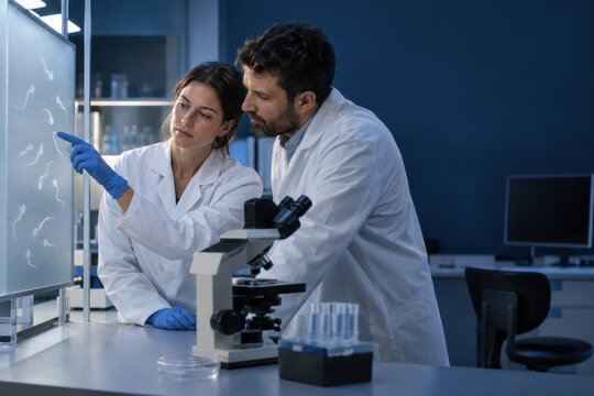 Andrology lab scientists analyzing sperm motility sample