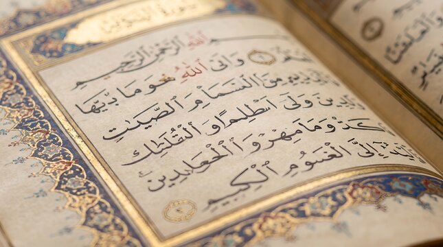 Close Up View of Holy Quran Page with Arabic Calligraphy and Illuminated Gold Border