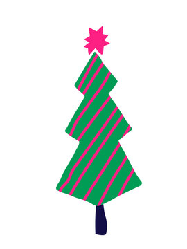 Retro christmas tree vector with retro stylized pine fir tree. Vintage holiday design in vibrant colors and patterns isolated on white background for festive decoration