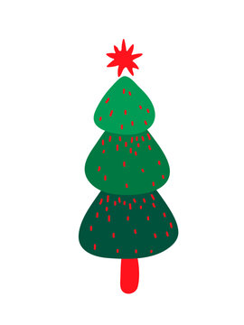 Retro christmas tree vector with retro stylized pine fir tree. Vintage holiday design in vibrant colors and patterns isolated on white background for festive decoration