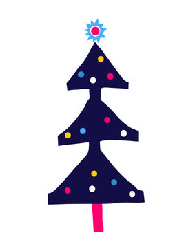 Retro christmas tree vector with retro stylized pine fir tree. Vintage holiday design in vibrant colors and patterns isolated on white background for festive decoration