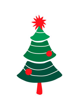 Retro christmas tree vector with retro stylized pine fir tree. Vintage holiday design in vibrant colors and patterns isolated on white background for festive decoration