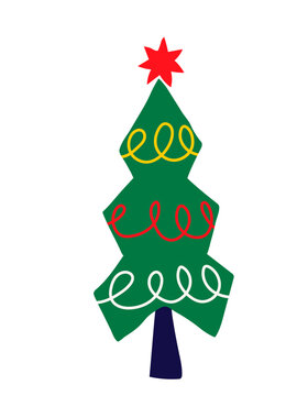 Retro christmas tree vector with retro stylized pine fir tree. Vintage holiday design in vibrant colors and patterns isolated on white background for festive decoration