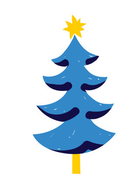 Retro christmas tree vector with retro stylized pine fir tree. Vintage holiday design in vibrant colors and patterns isolated on white background for festive decoration