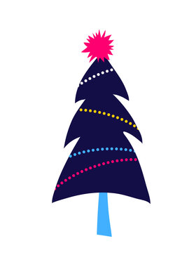 Retro christmas tree vector with retro stylized pine fir tree. Vintage holiday design in vibrant colors and patterns isolated on white background for festive decoration