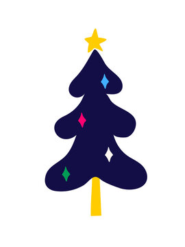 Retro christmas tree vector with retro stylized pine fir tree. Vintage holiday design in vibrant colors and patterns isolated on white background for festive decoration