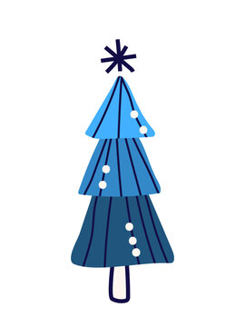 Retro christmas tree vector with retro stylized pine fir tree. Vintage holiday design in vibrant colors and patterns isolated on white background for festive decoration
