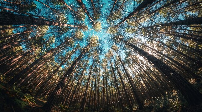 A low-angle fisheye view looking up at tall pine trees in a dense forest with sparkling light particles falling against a blue sky.