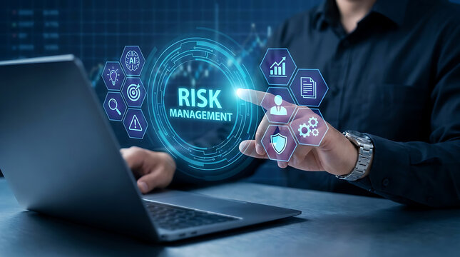 Businessman Touching Hologram Risk Management Concept With AI Icons And Laptop On Desk