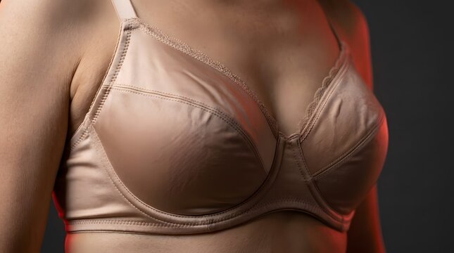 A woman wearing a beige bra against a dark background.