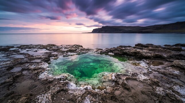 A vibrant turquoise geothermal pool set in rocky coastal terrain during a serene sunset under colorful dusk clouds.
