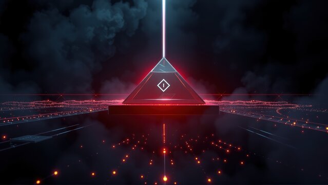 Pyramid glows brightly amid dark fog. Red lines extend toward horizon, creating futuristic landscape. Minimalist design.