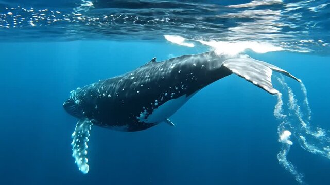 Humpback Whale Surfaces Gracefully in Clear Blue Ocean Water, Underwater Shot