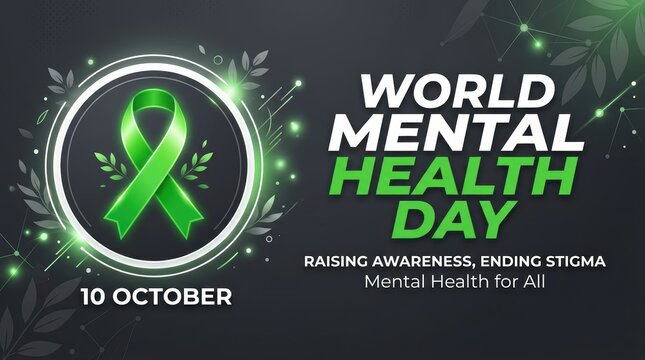 Green mental health day banner with awareness ribbon for global education and ending social stigma
