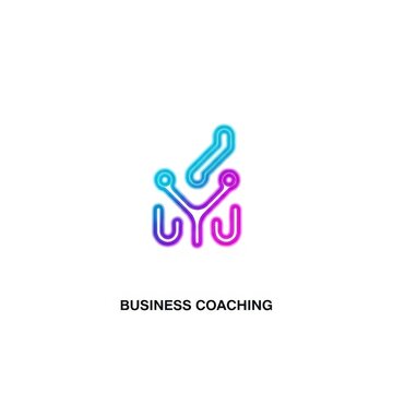 Modern abstract neon logo design for business coaching featuring blue and purple glowing line art with connection nodes on a white background, symbolizing growth and professional guidance.