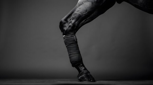 Monochrome close up of a horse leg showing muscle definition and hoof details in a studio setting.