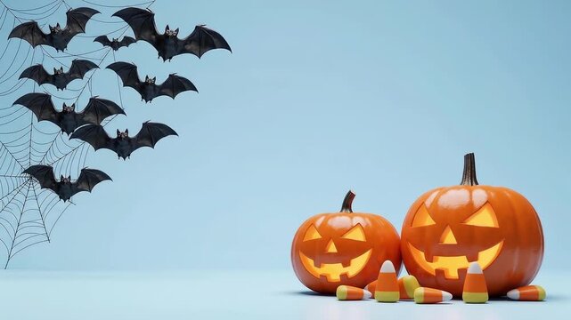 Halloween jack-o-lantern pumpkins with flying bats and candy corn on blue background
