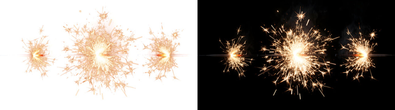Sparkler Stick burning brightly with a large shower of gold sparks flying out from its lit tip for celebration designs with PNG, Transparent and Black Background Versions