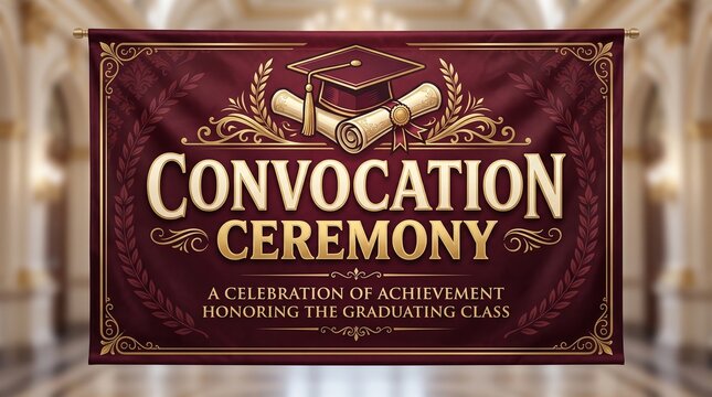 Convocation ceremony banner with graduation cap and diploma on red background