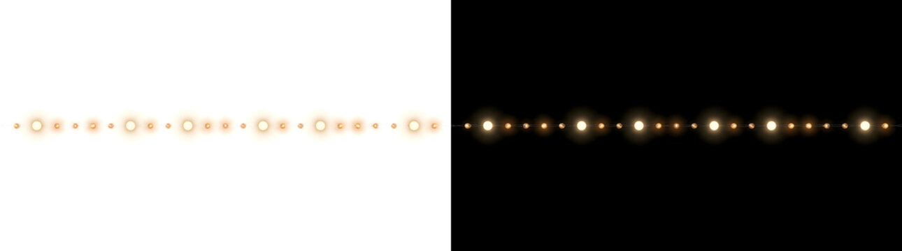 Warm String lights strung together in a straight glowing garland with bulbs of different sizes for holiday designs with PNG, Transparent and Black Background Versions