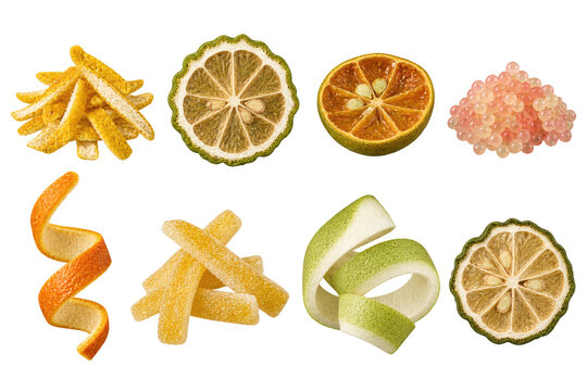 Dried citrus garnishes and peels isolated on black background