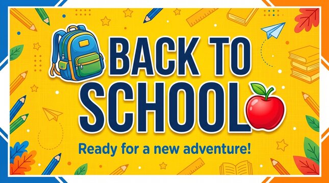 Back to school banner design with backpack and apple on yellow background