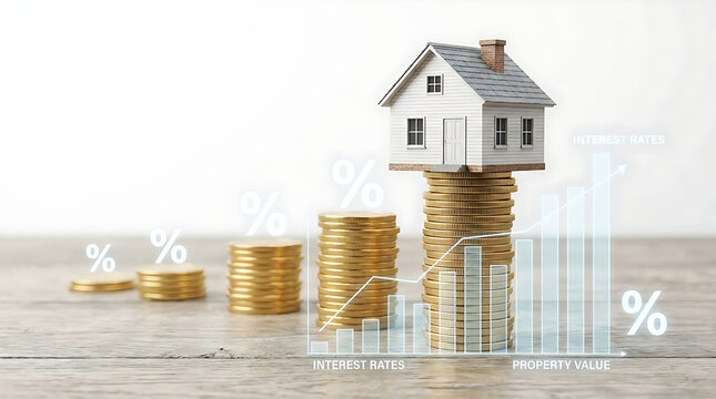 Small House Model On Stack Of Coins With Percentage Symbol Mortgage Interest Rate Concept