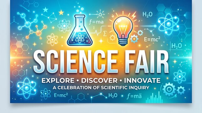 Science fair banner design with laboratory icons and glowing light bulb