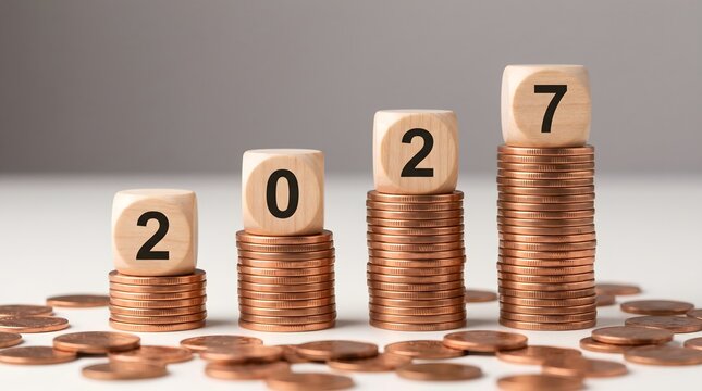 Four stacks of copper coins arranged in increasing height with wooden blocks featuring the numbers two zero two seven for future financial