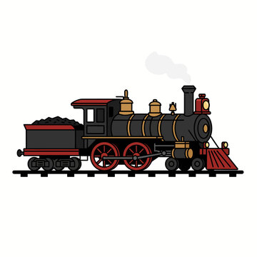 Vintage steam locomotive train vector art. Classic black and red engine with coal tender, smoke, on tracks. Historical transport concept