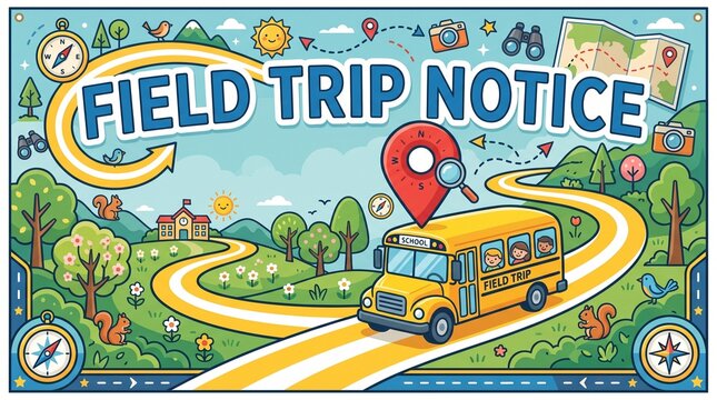 Field trip notice banner with school bus and travel map illustration