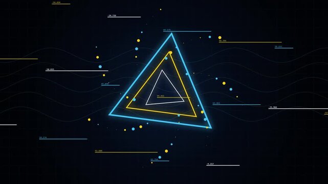 Abstract neon triangle hud interface with floating data particles and digital wave lines for tech backgrounds