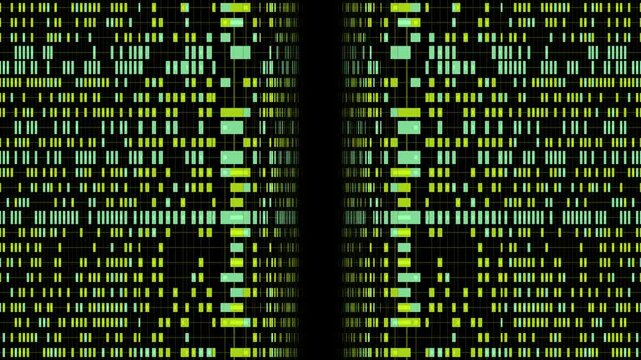 Abstract digital background with green and yellow glowing data blocks representing code encryption, genomic sequencing, and binary information technology