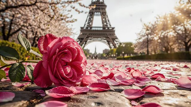 A Romantic Pink Rose in the Foreground with the Eiffel Tower in the Background During Spring in Paris