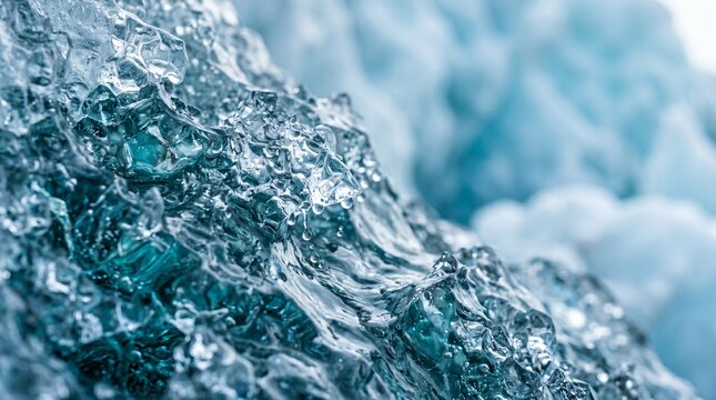 Close-up macro photography of blue glacial ice showing intricate crystalline textures, frozen air bubbles, and melting water droplets in a cold arctic environment, perfect for nature background.