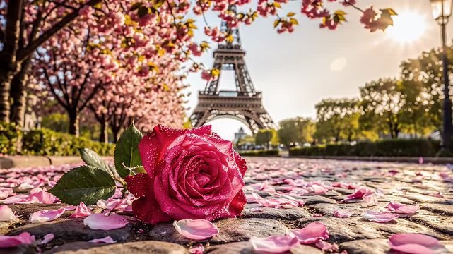 A Romantic Pink Rose Bouquet in the Shadow of the Eiffel Tower at Sunset in Paris, Springtime