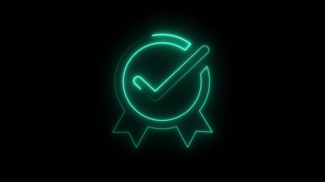 Cyan neon circular badge with checkmark and ribbon on black background