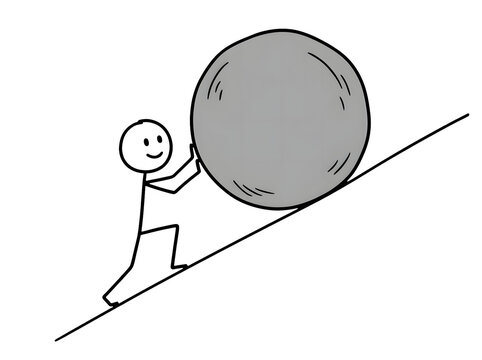 Stick figure pushing a large boulder up a hill isolated on transparent background