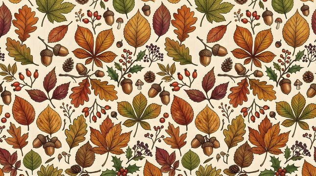 Seamless autumn pattern featuring hand-drawn maple leaves, acorns, and berries for fall designs.