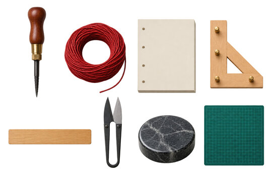 Japanese bookbinding tools flat lay on black background