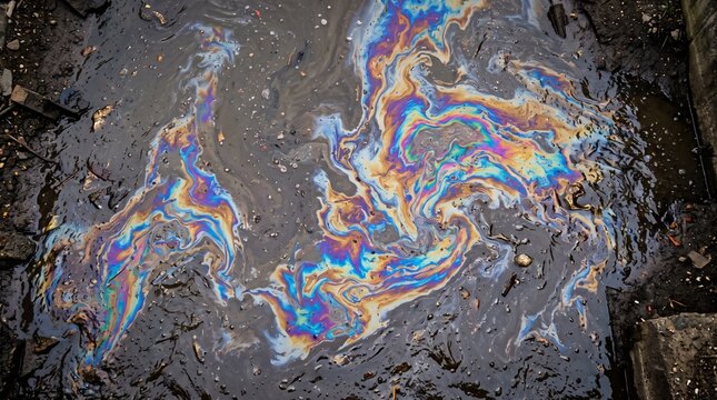 Colorful industrial chemical runoff and oil slick on dirty water surface, highlighting environmental pollution, toxic waste contamination and ecological hazards in a muddy outdoor setting.