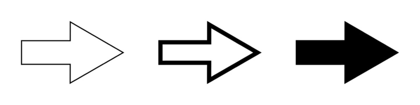 Arrow icons set, black arrow pointing right, next step symbol, forward movement, direction pointer in outline, bold and solid styles