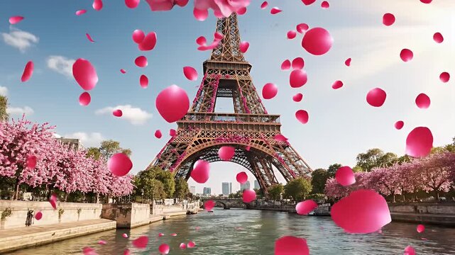 A Scenic Paris Moment With Pink Blossoms Framing the Eiffel Tower Over the Seine