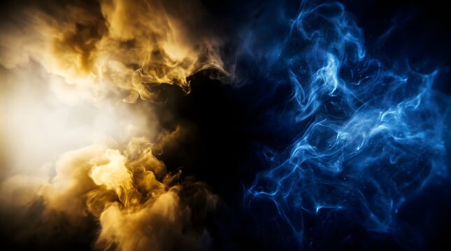 Abstract background featuring a dramatic contrast between bright golden orange fire clouds and deep dark blue smoke swirling in a mystical composition