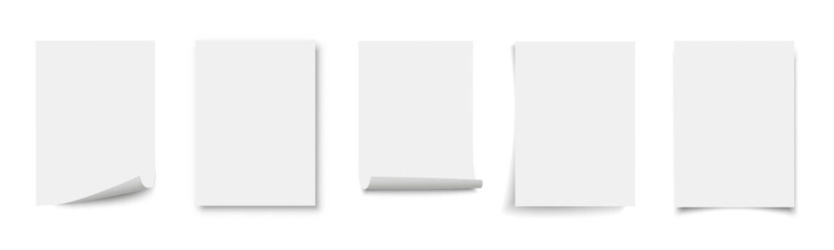 Empty white paper sheet set, blank white paper opened, paper sheet curled corner of with shadow