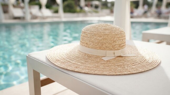 straw hat resting by a swimming pool on a sunny day