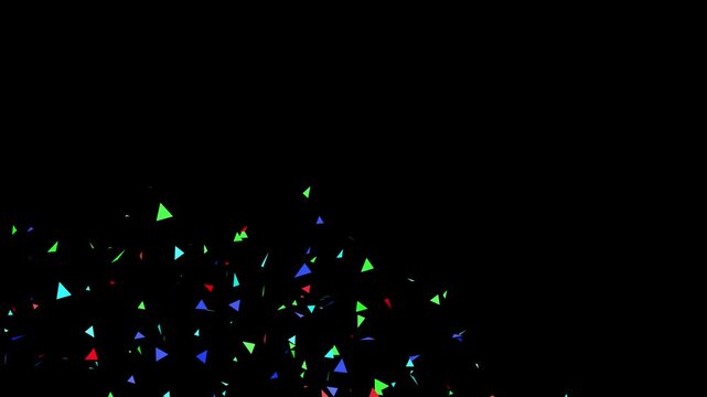 Vibrant multicolor confetti shapes floating and scattering across a deep black background, creating a dynamic festive celebration atmosphere