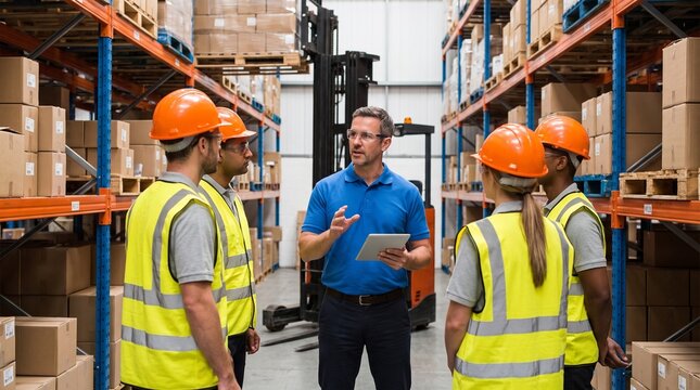 Professional supervisor using a digital tablet to instruct a team of warehouse workers wearing safety gear and orange hard hats amidst tall storage racks in a modern logistics distribution center.