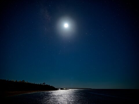 Moonlit beach at night with starry sky and moon.